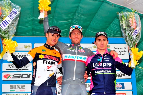 Da sx, Vigano^, Belletti e Bonifazio, podio 20^ GP Costa Etruschi l'8.2.2015